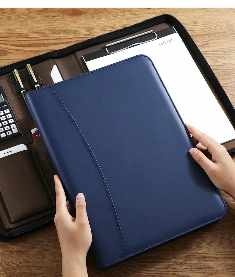 Multifunctional A4 Leather Conference Portfolio Folder for Document Organizer Zippered Man Executive Folder Briefcase Office