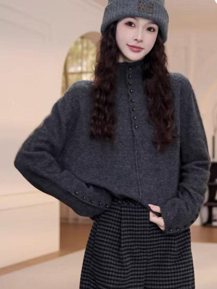 French Grey Women's Half-High Collar Wool Sweater - New Autumn/Winter Versatile Long Sleeve Pullover 2026.