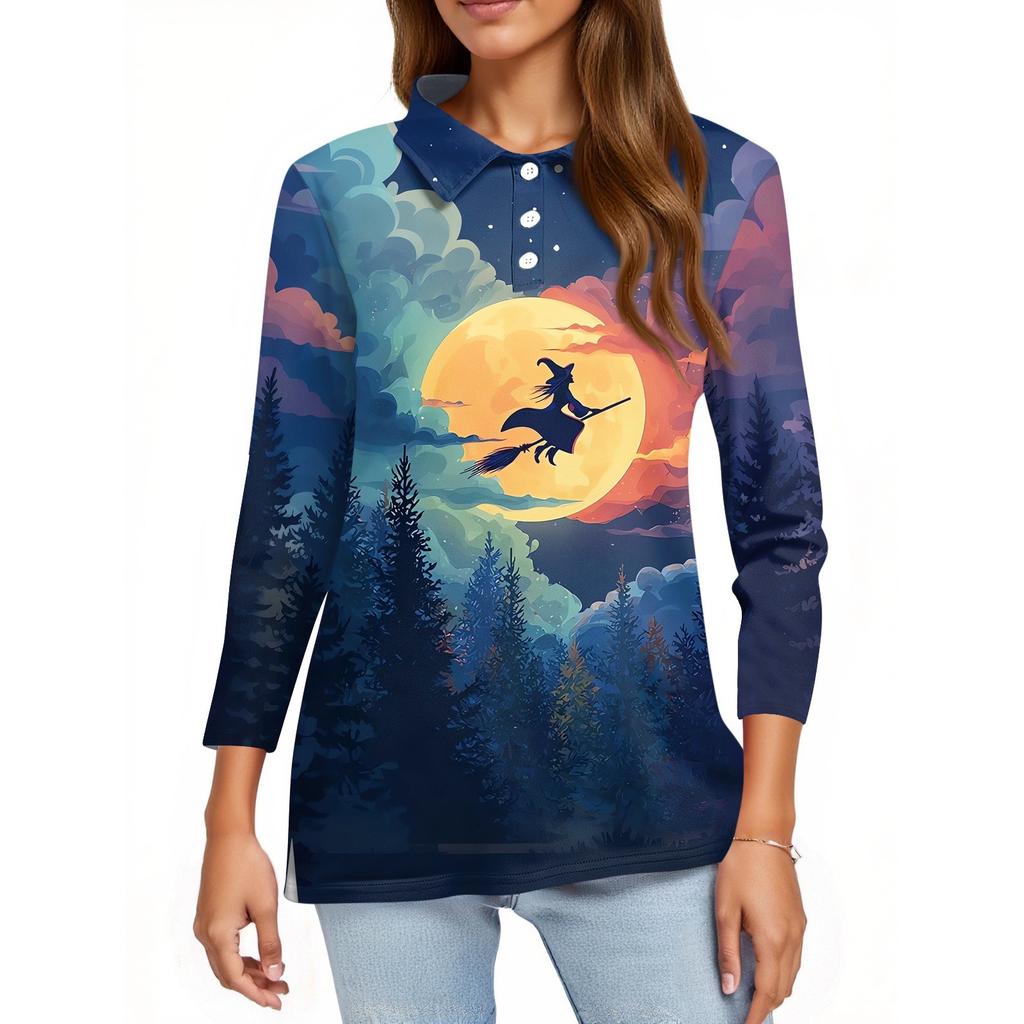 Women's Fashion Casual Lapel Short 3/4 Sleeve Halloween Print Shirt Women's Button Up Tops
