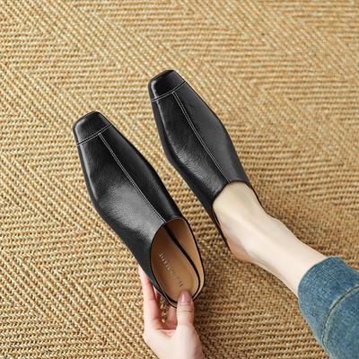 Fashion NEW Summer Women Mules Genuine Leather Shoes for Women Cover Toe Height Increasing Slippers Square Toe Concise Sewing Sandals