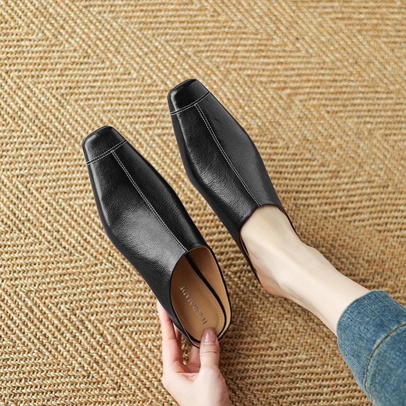 Fashion NEW Summer Women Mules Genuine Leather Shoes for Women Cover Toe Height Increasing Slippers Square Toe Concise Sewing Sandals