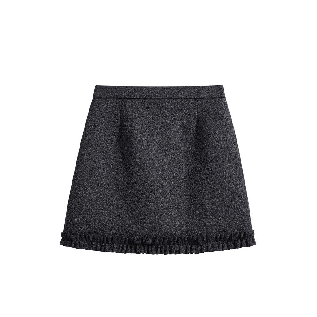 Women's Plus Size Grey Wool Ruffle Trim Half Skirt, Thick A-line Mini Skirt Pants for Spring/Autumn