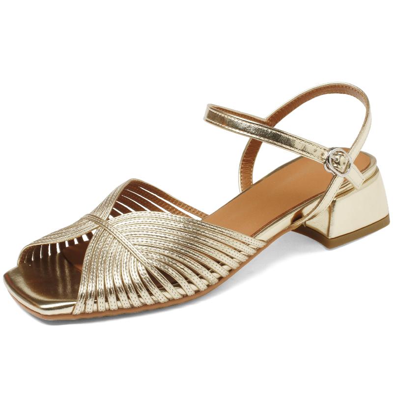 

Brand Low Heels Sandals Women Summer Shoes 2025 Genuine Leather Elegant Flip Flops Peep Toe Strap Luxury Gold Party Shoes Female 34
