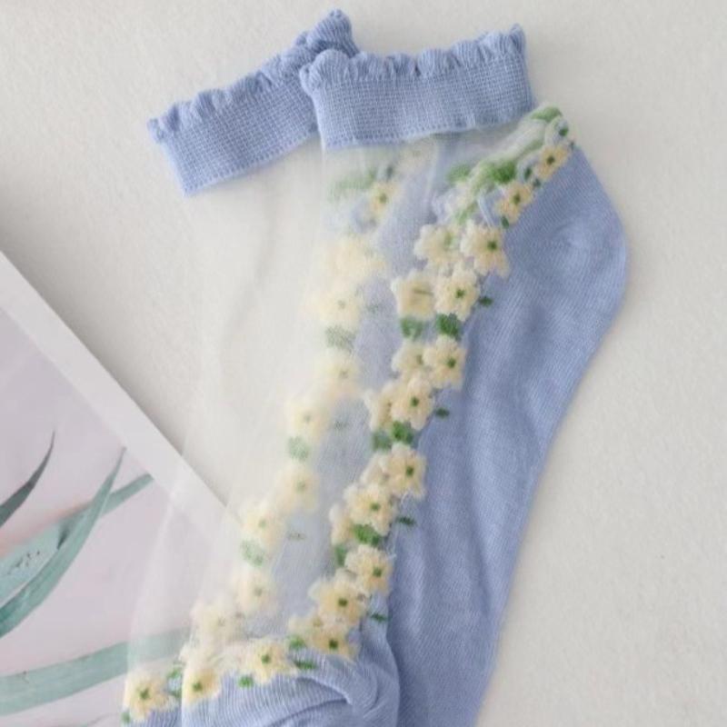 Summer Short Socks Made of Floral Glass Fiber for Women, Cute Ins Short Socks with Cotton Soles, Sweat-absorbing and Breathable Socks