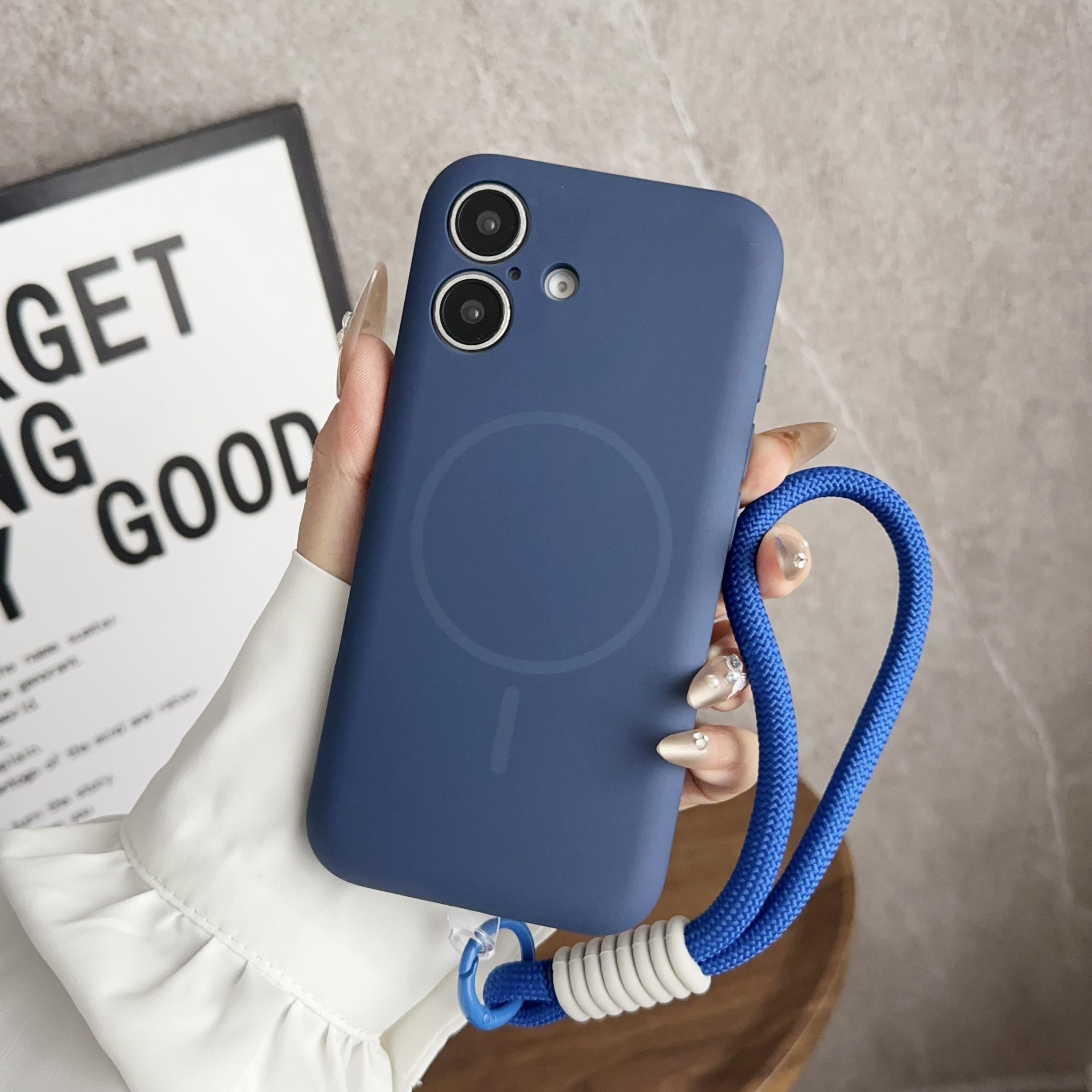 

Магнитный чехол MagSafe из жидкого силикона с ремешком на запястье для iPhone 12 13 14 15 16 iPhone 16 синий