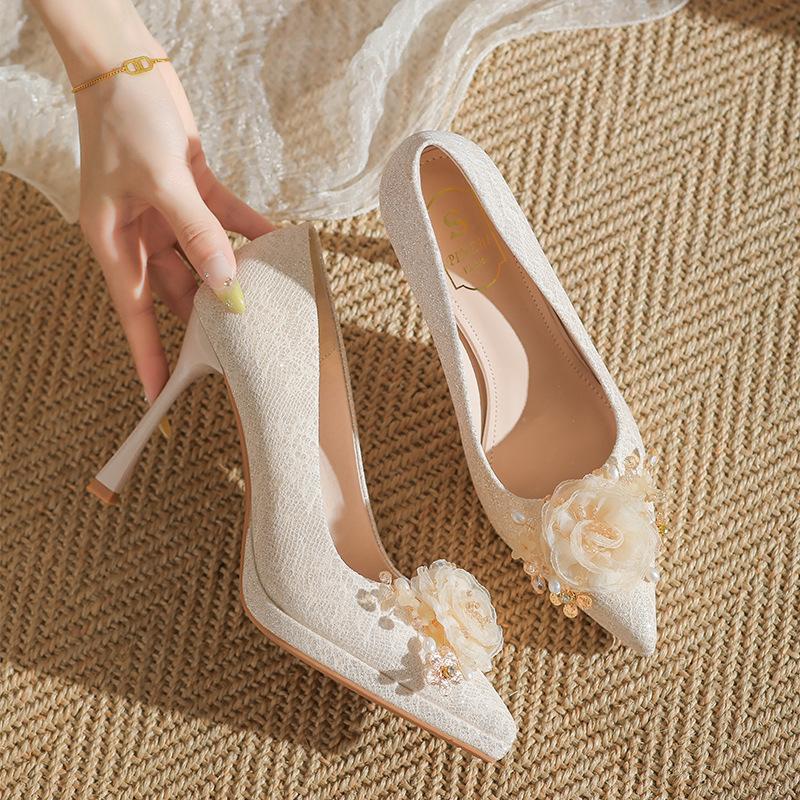 

Туфли на высоком каблуке с цветком из страз шампанского для женщин, для невысоких, супер высокий каблук, водонепроницаемая платформа, свадебное платье, свадебные туфли можно носить ежедневно 39