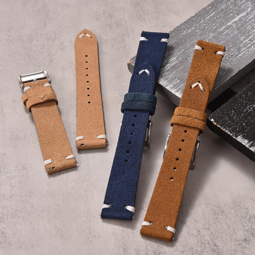 Vintage Suede Leather Watch Strap 20mm 22mm Contrast Stitching Quick Release Soft Snug Fit Replacement Strap