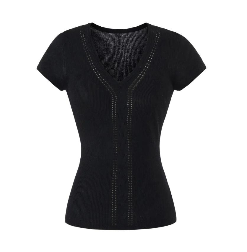 Twisted hollow short-sleeved T-shirt women's summer new American Spice Girl solid color V-neck slim-fitting knitted bottoming top