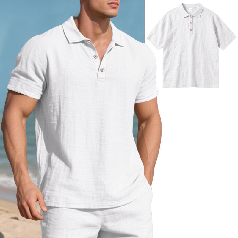 High-Quality Cotton Linen Short-Sleeved POLO Shirt Men Casual Loose Comfortable Shirt Summer Tees Button Turn-down Collar Tops