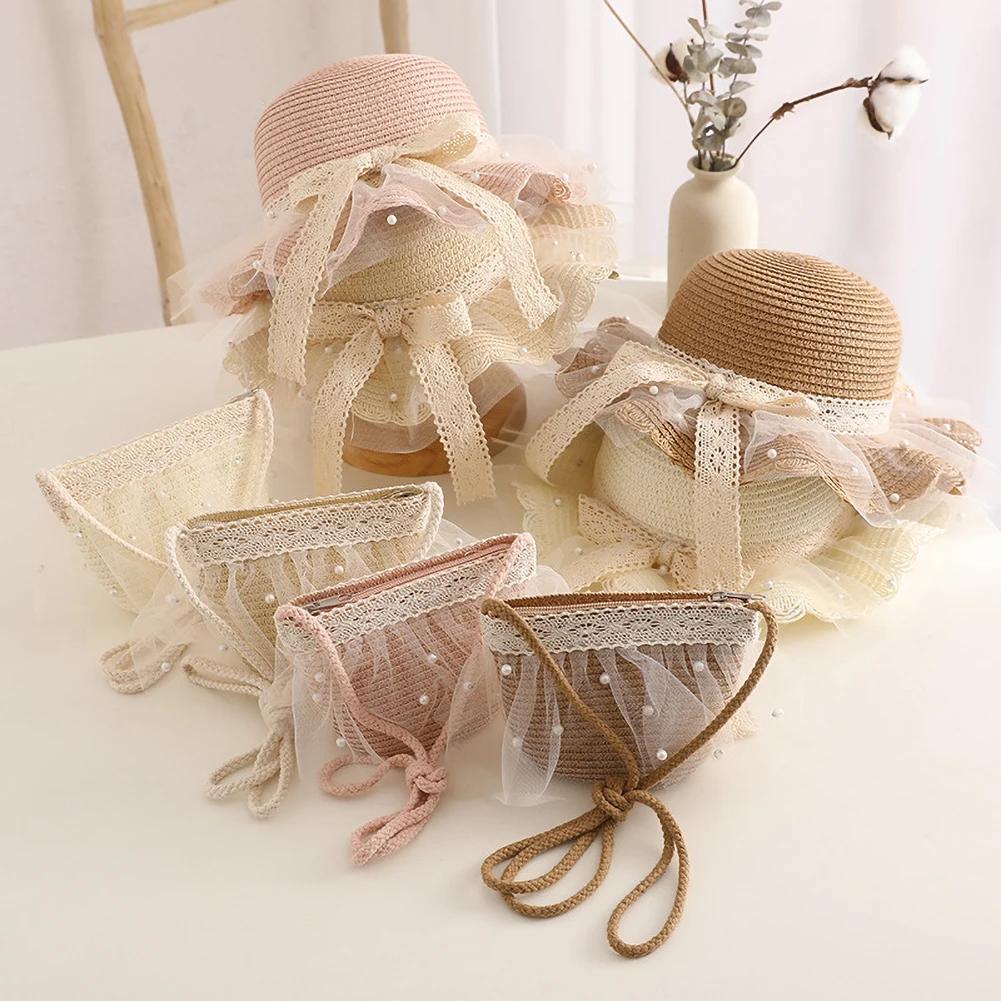 Elegant Summer Kids Straw Hat with Lace Wide Brim Cute Breathable Sun Hat Shoulder Bag for Girls Beach Outdoor Sunscreen