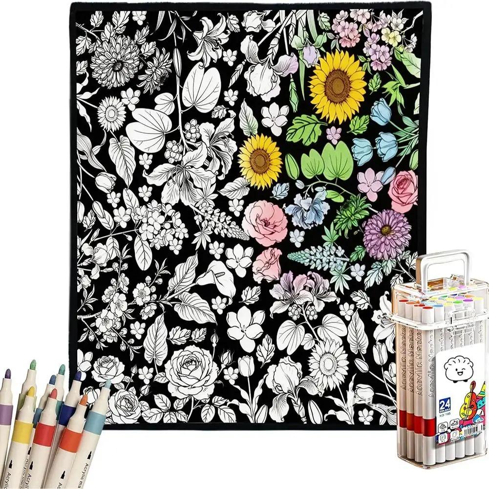 DIY Coloring Blanket With 24 Color Acrylic Markers Floral Theme Cloth Painting Throw Blanket For Sofa Bedroom Decor Gift