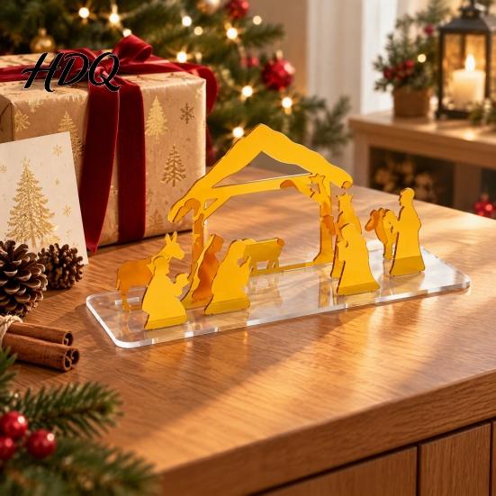Christmas Party Supplies Acrylic Nativity Scene Ornament Manger Tabletop Decor Gold Desktop Decoration Elegant Holiday Home Display And Festive
