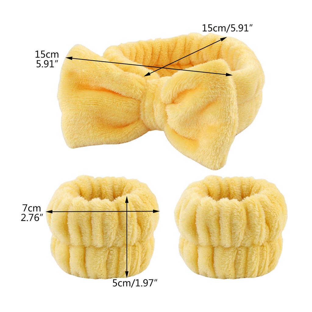 1set Elastic Women Shower Hairband & Wristband Cute Bowknot Plush Face Wash Hairband Home Makeup Headband Wristband