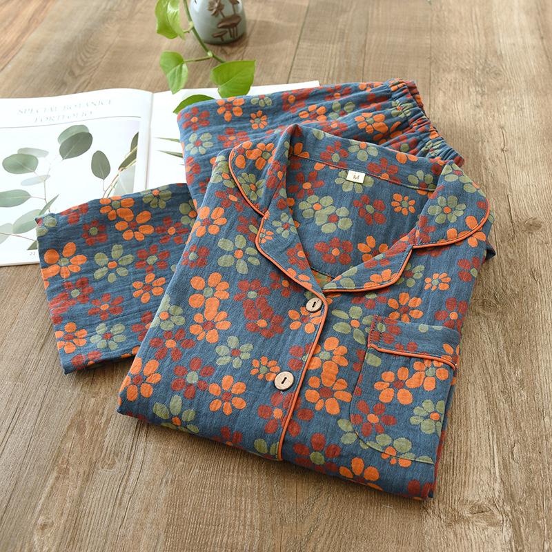 

Кардиган с лацканами из хлопка с цветочным рисунком, окрашенного пряжей, с длинным рукавом, в стиле ретро, домашний комплект L синий