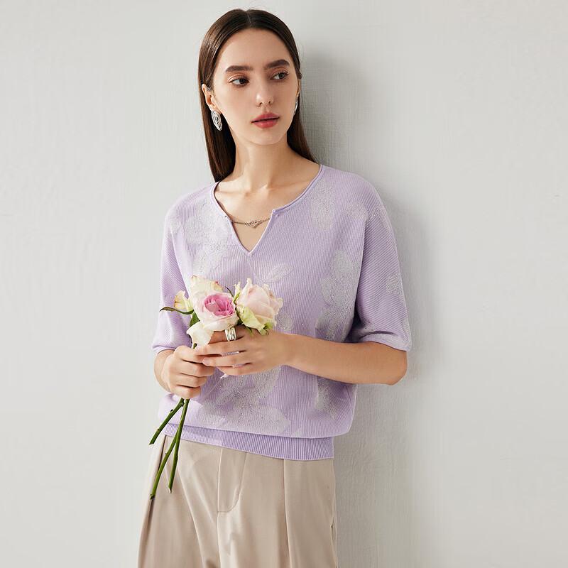 Zhaojun Women's Rose Jacquard V-Neck Silk Blend T-Shirt