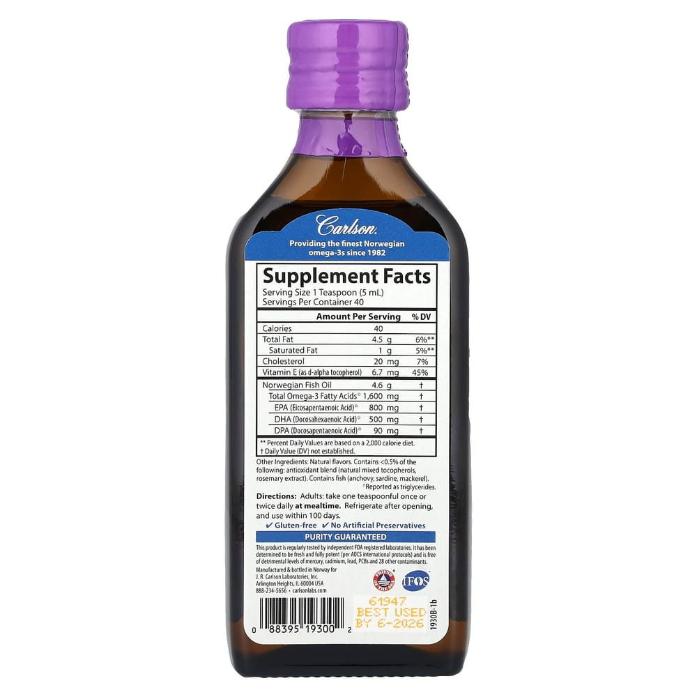 Carlson Labs Norwegian Fish Oil, Mixed Berry Flavor, 1600mg, 200ml (6.7 fl oz)