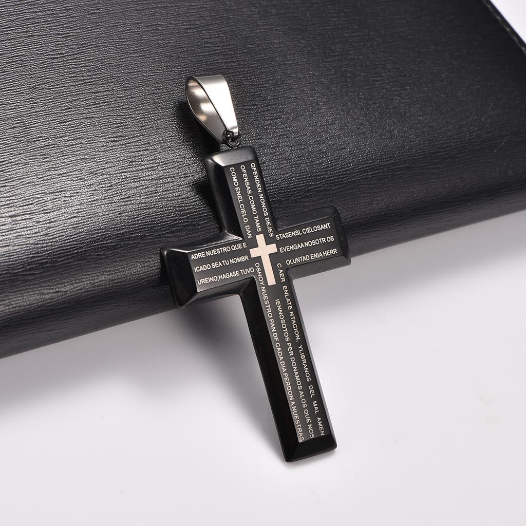 Stainless Steel Chunky Punk Printing Cross Pendant Necklace for Women Men Religious Prayer Faith Charms Chain Metal Jewelry Gift
