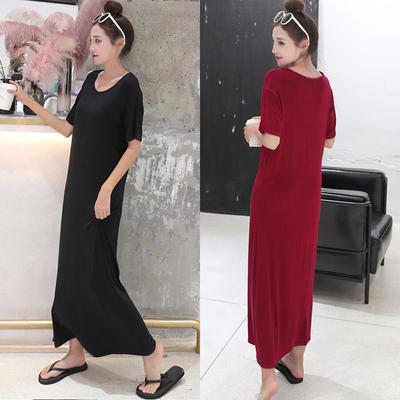 Women's Crew Neck Short Sleeve Modal Maxi Dress Loose Fit Korean Casual Solid Color A Line Long Summer Plus Size Slip Dress