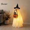 Easy to Wear Halloween Set Glowing Ghost Costume with Witch Hat & Pumpkin Tote Bag, LED Reusable Festival Clothing Light Up Fabric Outfit for