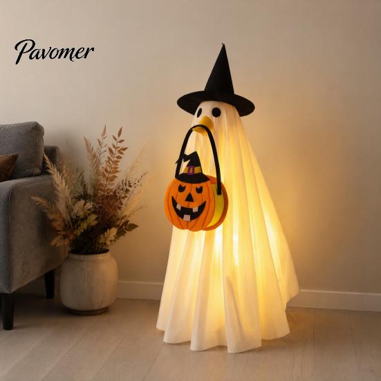 Easy to Wear Halloween Set Glowing Ghost Costume with Witch Hat & Pumpkin Tote Bag, LED Reusable Festival Clothing Light Up Fabric Outfit for
