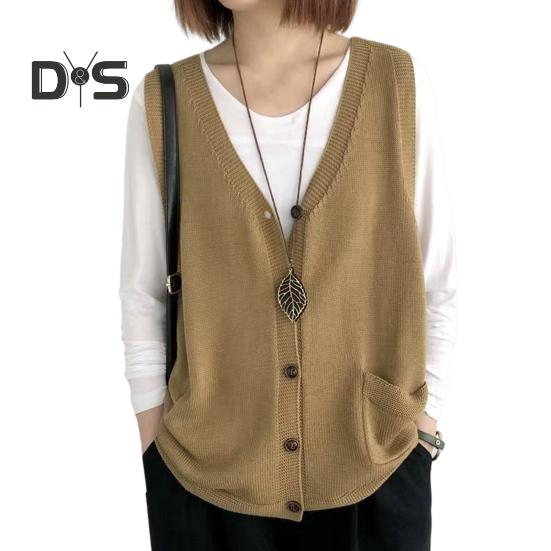 Women Knitting Vest V-Neck Sleeveless Single Breasted Warm Waistcoat Solid Color Loose Fit Knitted Tank Tops with Pockets