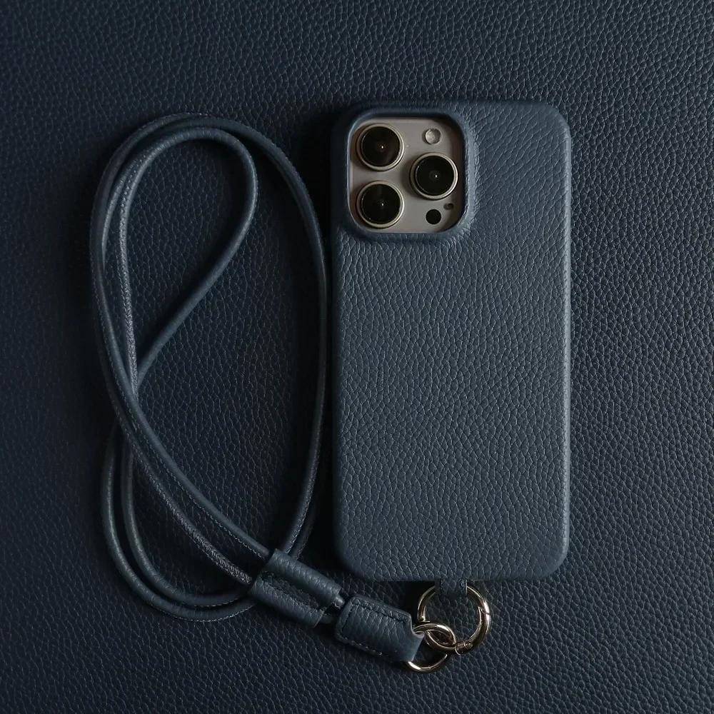 Full Grain Cowhide Leather Case for iPhone 17 Pro Max Air 16 Pro 15 14 Plus 13 12 11 Crossbody Long Strap Mobile Phone Cover