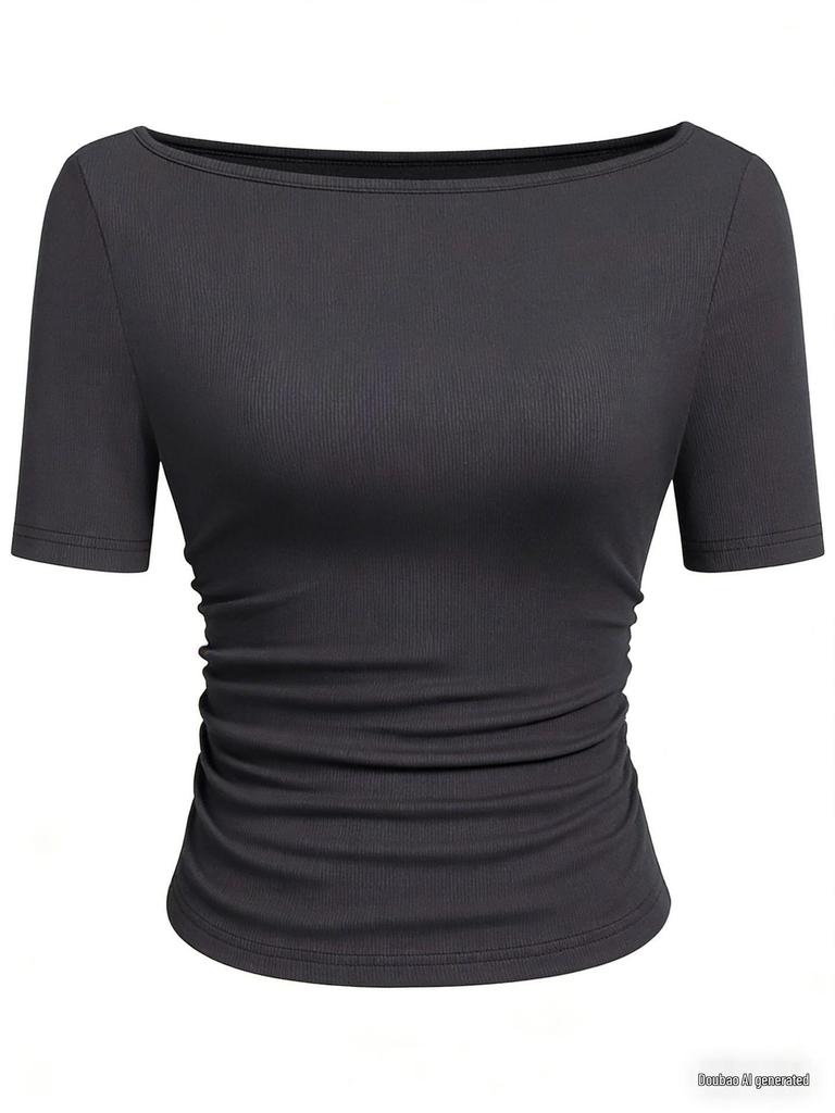 2025 Jesień Dopasowany Damski Top z Dekoltem Łódkowym, Dzwonkowym Rękawem i Marszczeniami - Jednolity Kolor, Długi Rękaw