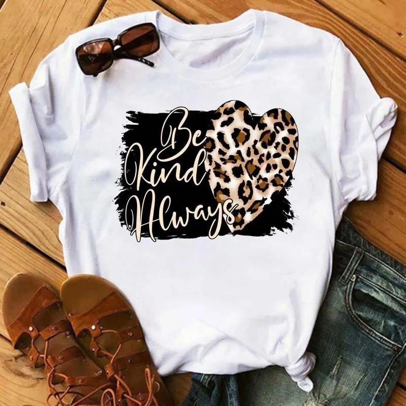 Leopard Love Heart Print Women Fashion T Shirt Black Female Short Sleeve Graphic Tops Women Sleeved Harajuk Streetwear Casual