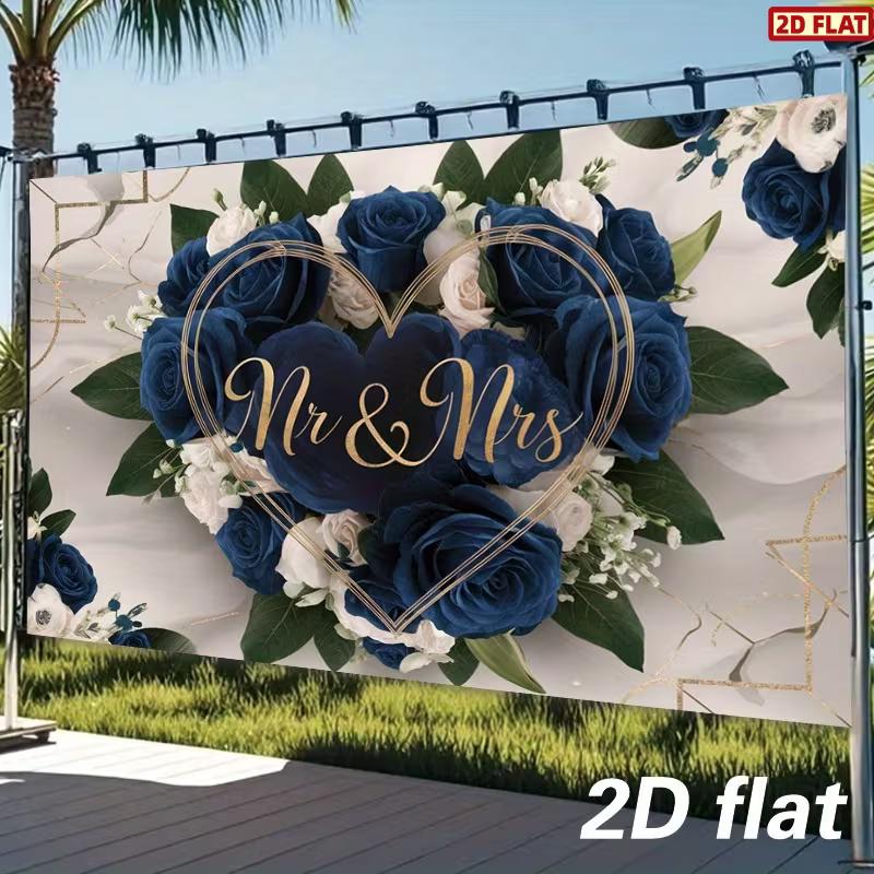 

2D Elegant Navy Blue & White Rose Wedding Banner Mr & Mrs Party Backdrop 47.2x31.5inch/120*80cm