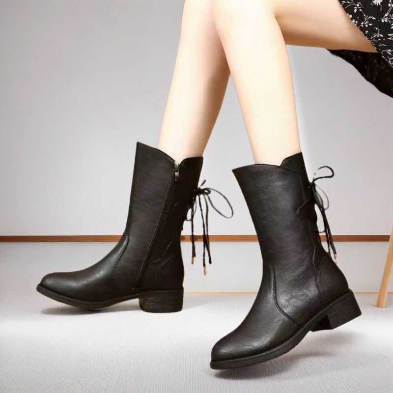 Fashion Elegant with Low Heels Black Pointed Toe Lace-up Half High Boots for Women Autumn Winter Chic Fleece-Lined Mid Calf Shoes Woman