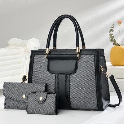 New High Appearance Horizontal Splicing Bag Three-piece Canvas Texture Handbag Leisure Large Capacity Single Shoulder Crossbody Bag