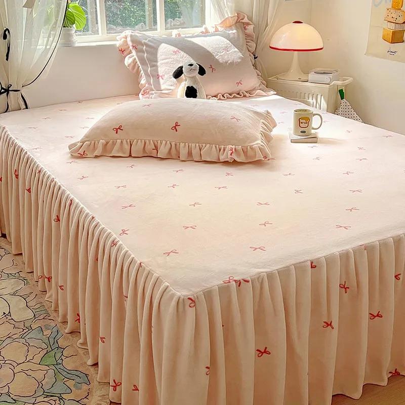 

2024 новый высокограммовый принцесса ветер молочный флисовый принтованный пододеяльник 1 шт зимний утолщенный теплый покрывало матрас с подолом 3 шт 120x200cm 1pcs розовый