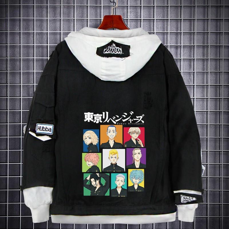 Tokyo Revengers Anime Denim Jacket Fake Two-piece Hoodie Men Youth Streetwear