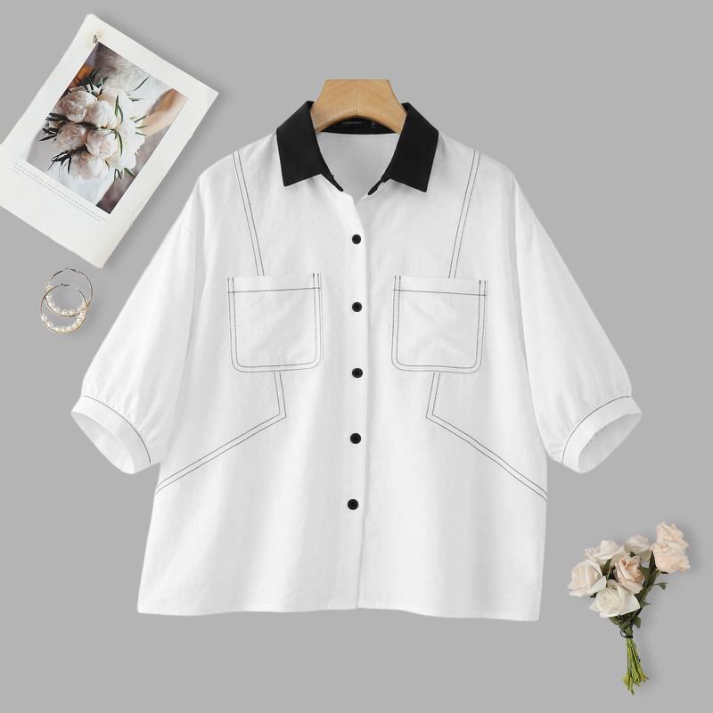 ZANZEA Women Splice Turn Down Collar Loose Short Sleeve Blouse M белый
