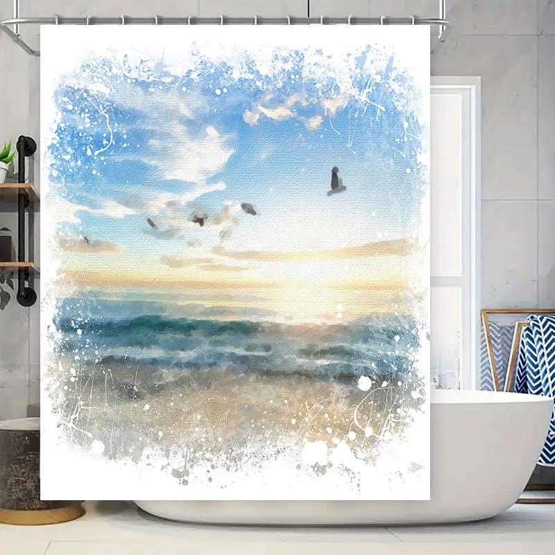 

Watercolor Style Seaside Birds Bath Mat Shower Curtain Decorative Home Art Decoration Waterproof Fabric Print Wall Hanging Home 90x180cm
