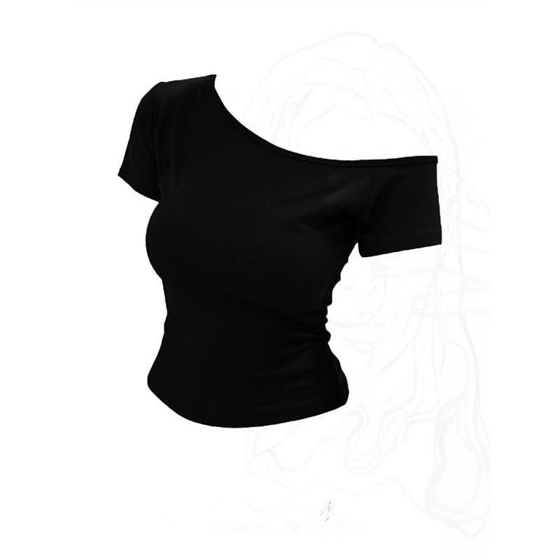 Vitality Spice Girl Slant Shoulder Short Sleeve Top Women's Design Sense Summer Solid Color Off-Shoulder Clavicle Skinny Versatile Temperament T-Shirt