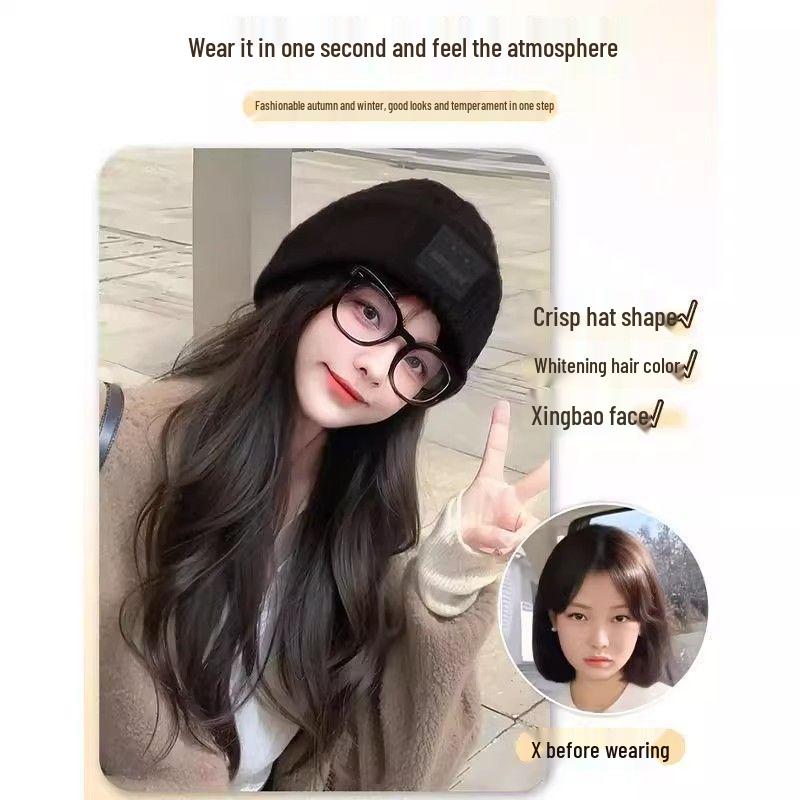 2025 Women's Fashion Knit Hat with Integrated Wig and Hairband for Autumn/Winter