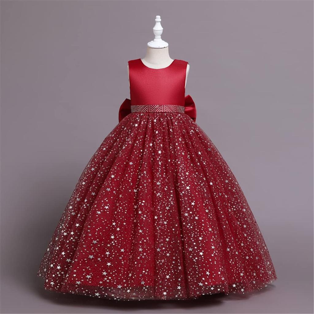 VIISEN Dress for Piano Formal Dress with Bow and Junior Long Dress with Star Suitable for and Size Children's Recitals, Girls' Ribbon, Pattern, Stage,