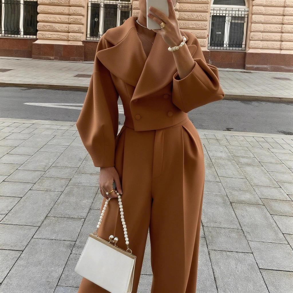 European & American Autumn/Winter Solid Color Wool Lapel Top & Casual Long Pants Set