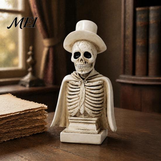 Halloween Tabletop Decoration for Party Gothic Skull Sculpture with Top Hat And Cape, Spooky Resin Prop Display Skeleton Figurine LED Light Home Decor