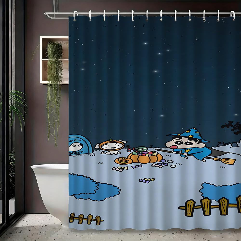 Crayon Shin-Chan Cowboy Rope Swing 2D Print Waterproof Shower Curtain, Blue Sky Bathroom Decor With Hooks