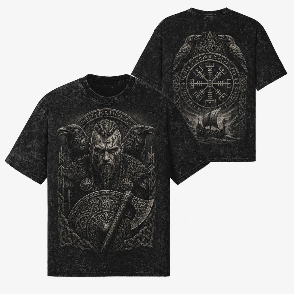 Viking Warrior Valhalla Axe T-Shirt 260 GSM | Oversized Snow Wash 100% Cotton