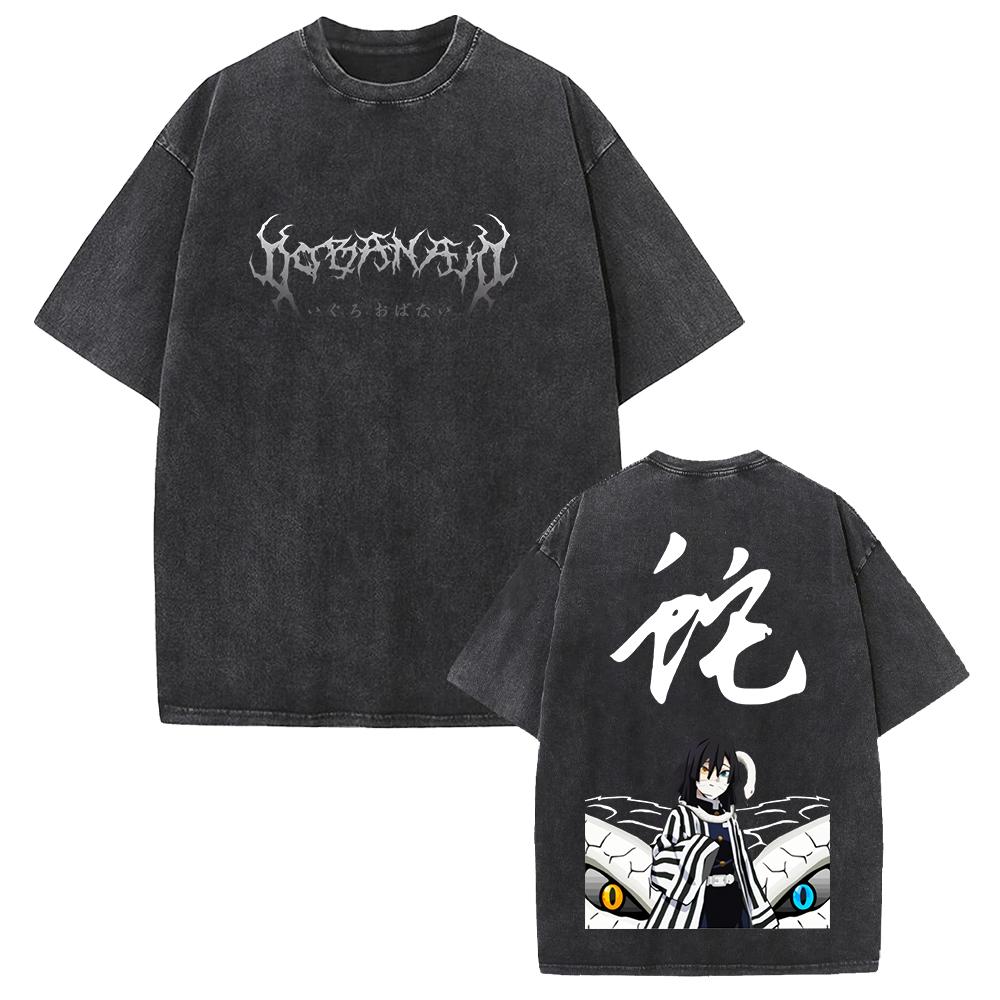 Iguro Obanai Demon Slayer Clothing Men Women Oversized T-shirts Short Sleeve Washed T Shirt Vintage Cotton Tshirt Harajuku Tops