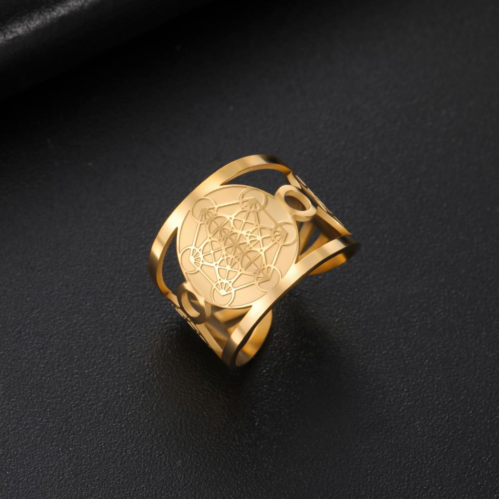 LIKGREAT Geometric Metatron Ring For Women Men Adjustable Size Stainless Steel Rings Solomon Supernatural Amulet Jewelry Gift