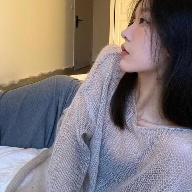 Korean Style Lazy Fashion Knitwear Women's Thin Hollow Out Designed Sweet and Spicy Retro Round Neck Cardigan