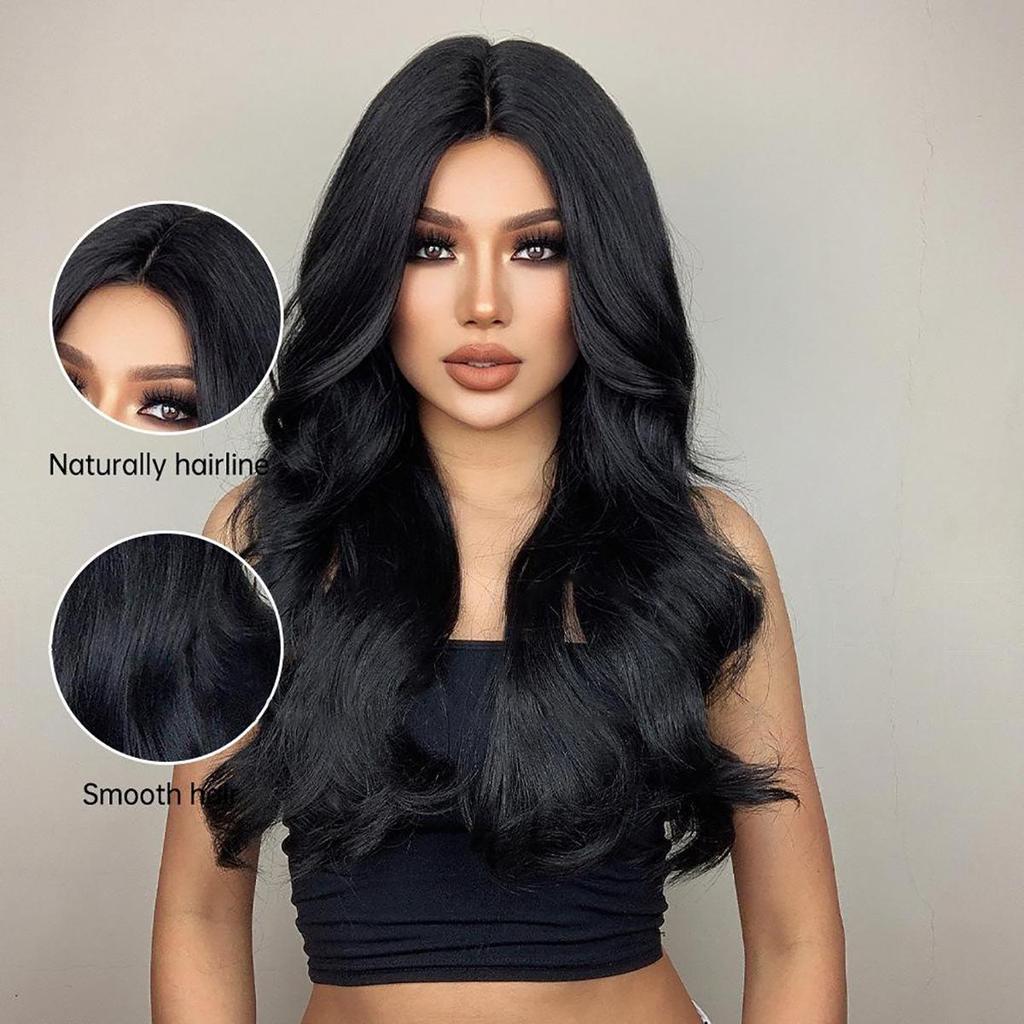 Damen 66 cm Haar schwarz langes lockiges Haar T-förmige vordere Spitze Rosen-Haarnetz Kopfbedeckung reine handgewebte Spitzenperücken Kanekalon-Perücke