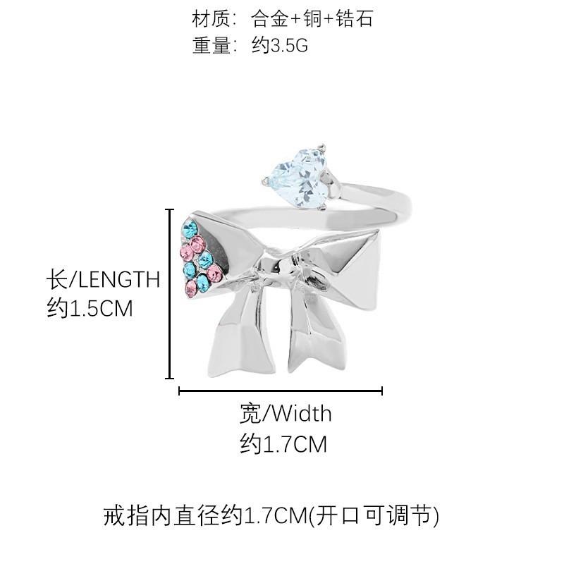 Pink and blue zircon bow ring, index finger ring, temperament, sweet and cool wind ring.