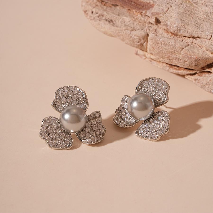 Chic Metallic Zircon Petal Pearl Earrings for Women