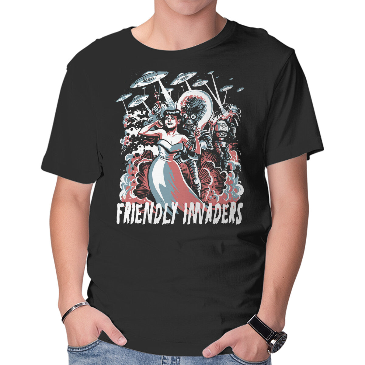 Unisex Crew Neck T-Shirt Friendly Invaders Graphic Short Sleeve Casual Tee L
