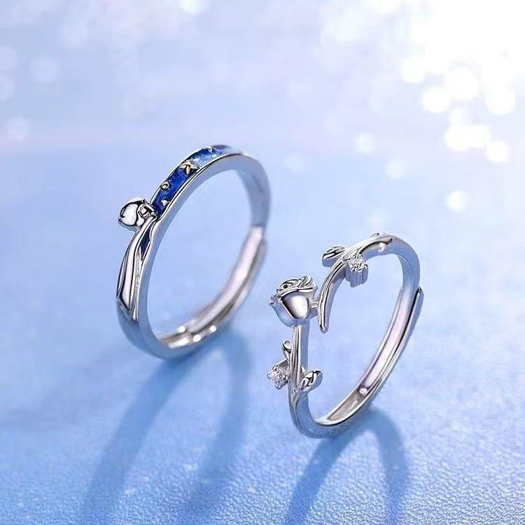 925 Sterling Silver Little Prince & Rose Couple Rings - High-End Open Band for Men & Women